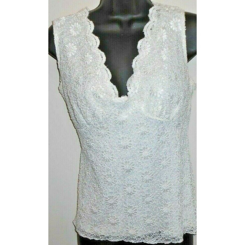Nicola Women's Shirt Blouse Beautiful White Lace Overlap Sleeveless V-Neck GUC